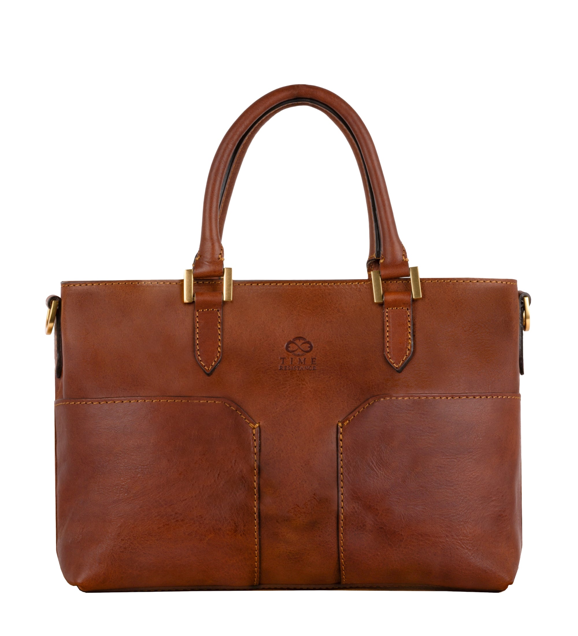 Time Resistance Camilla Schultertasche aus Leder in Cognacbraun, Frontalansicht mit zwei aufgesetzten Taschen