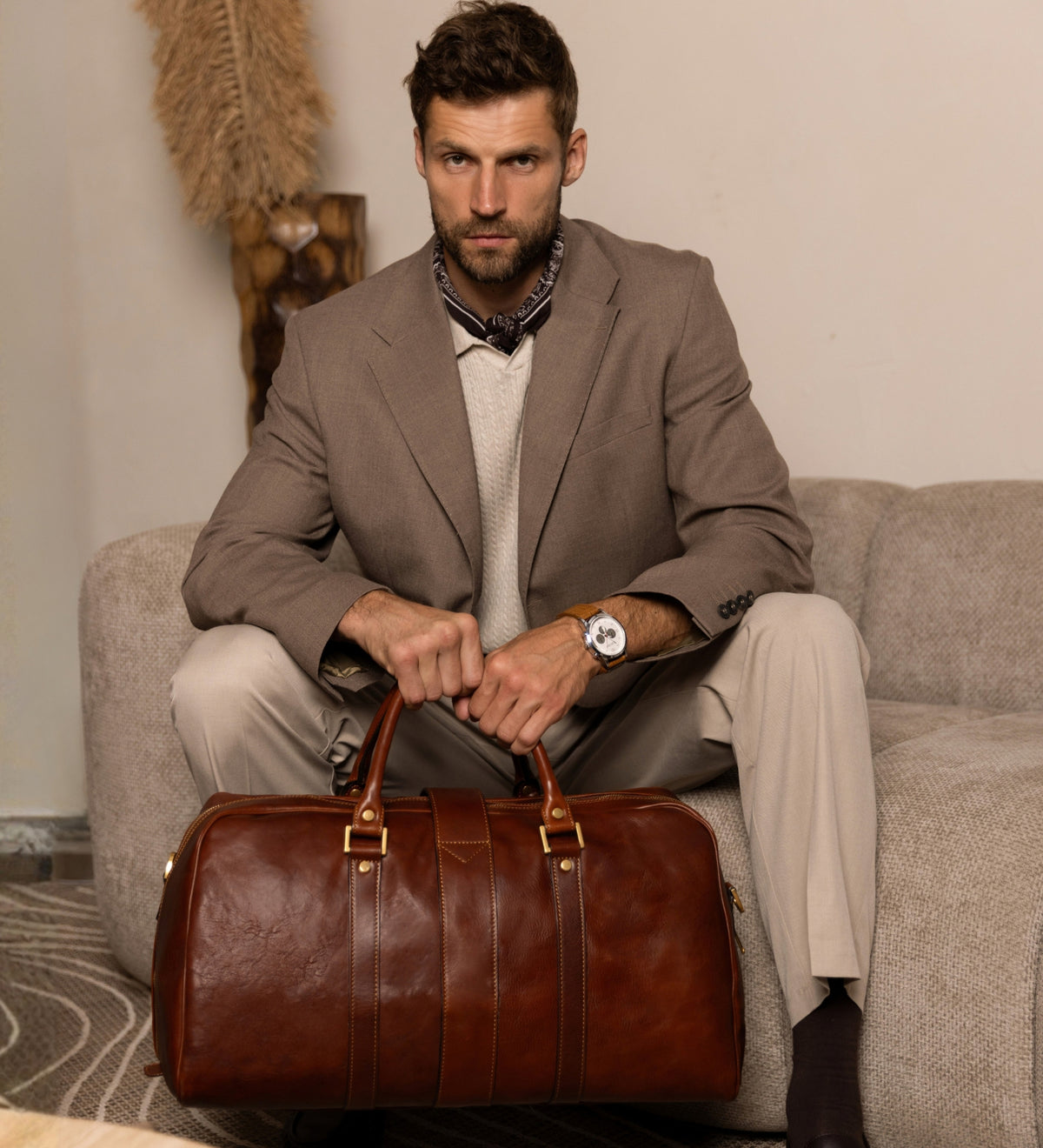Reisetasche aus mattes Cognacbraunem Leder - Tender Is the Night